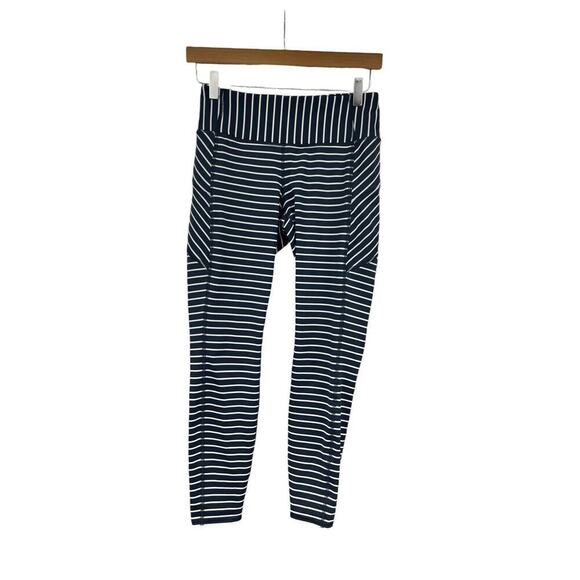Athleta Navy Blue White Stripe Cropped Leggings Womens Small - Picture 1 of 9